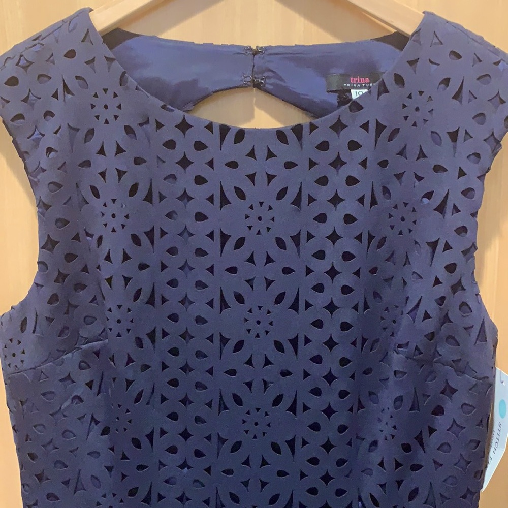 Navy, lined laser cut dress from Stitch Fix.
